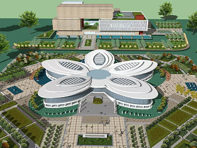 Modern Flower Shaped Museum Building With Central Plaza And Lush Greenery Surroundings 3d model