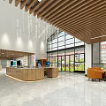 Spacious Student Service Lobby With Wooden Reception Counter Large Windows And Orange Chairs