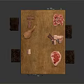 Rustic Wooden Butcher Table With Raw Meat Pieces Stools And Hanging Tools