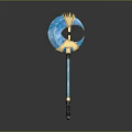 Fantasy Magical Weapon Design With Blue Crescent Blade And Golden Crown Top