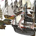 Vintage Sailing Ships With Red And White Sails Wooden Hull And Emblem Decorations