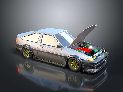 Vintage Silver Sports Car With Open Hood Exposed Engine And Yellow Rims 3d model