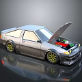 Vintage Silver Sports Car With Open Hood Exposed Engine And Yellow Rims