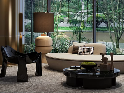 Hotel Public Lounge Area With Modern Curved Sofa Black Chair Coffee Table And Large Windows 3d model