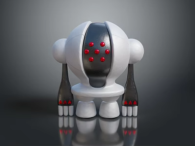 White Robot Figure With Black Center Red Dots Fork Like Arms And Red Fingers 3d model