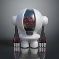 White Robot Figure With Black Center Red Dots Fork Like Arms And Red Fingers