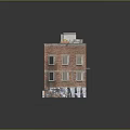Red Brick Building Exterior With Graffiti Multiple Windows And Yellow Roof Structures