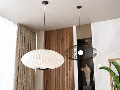 Modern Interior Featuring White Fabric And Black Metal Mesh Round Pendant Lights With Wooden Wall 3d model