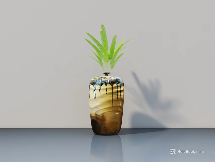 Potted Bonsai Plant With Green Leaves In Brown Blue Ceramic Pot On Smooth Gray Surface 3d model 