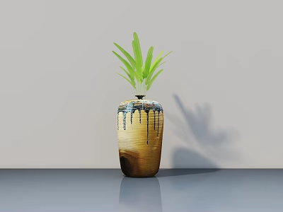 Potted Bonsai Plant With Green Leaves In Brown Blue Ceramic Pot On Smooth Gray Surface 3d model