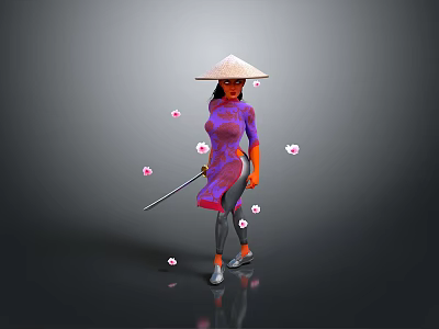 Woman In Purple Qipao With Conical Hat Holding Stick Among Falling Petals 3d model