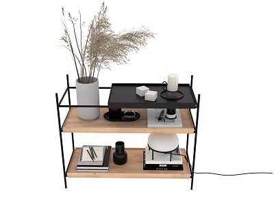 Wooden Storage Shelf With Black Metal Frame Holding Vase Books Candle And Decorative Items 3d model