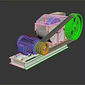 Mechanical Device With Blue Motor Red Wheel Green Pulley And Metal Frame
