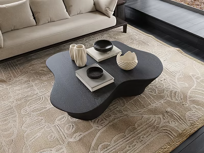 Modern Black Irregular Shape Coffee Table on Beige Rug with White Vases and Books 3d model