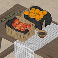Fresh Red Apples and Yellow Lemons in Wicker Baskets on Wooden Table with Olive Branch