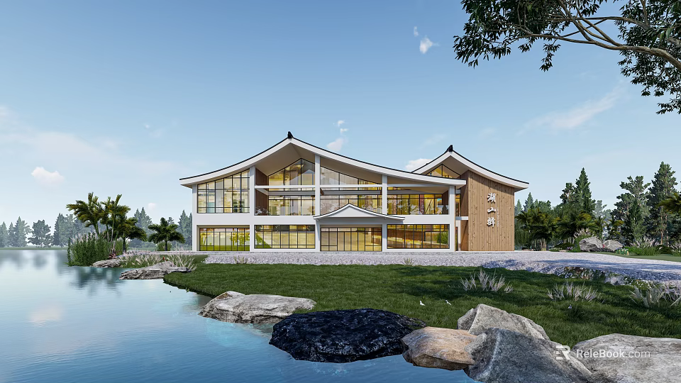 Traditional Chinese Post House With Waterfront Greenery Stone Elements And Glass Windows 3d model 