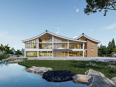 Traditional Chinese Post House With Waterfront Greenery Stone Elements And Glass Windows 3d model