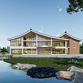 Traditional Chinese Post House With Waterfront Greenery Stone Elements And Glass Windows