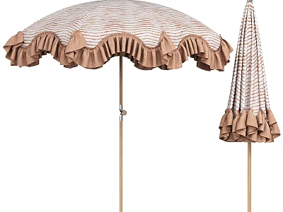 Stylish Outdoor Patio Umbrella With Striped Pattern Ruffled Edge And Brown Trim Design 3d model