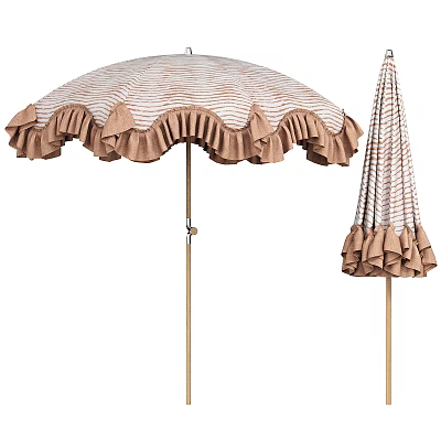 Stylish Outdoor Patio Umbrella With Striped Pattern Ruffled Edge And Brown Trim Design 3d model