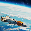 Cosmic Spaceship Flying Above Earth In Outer Space With Starry Sky