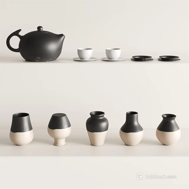 Minimalist Black And White Ceramic Teaset With Teapot Teacups And Saucers 3d model 