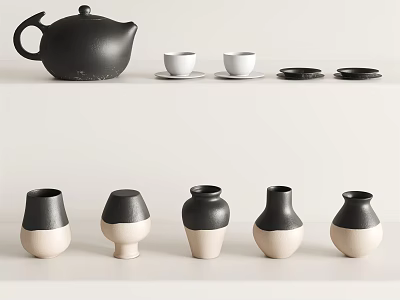 Minimalist Black And White Ceramic Teaset With Teapot Teacups And Saucers 3d model