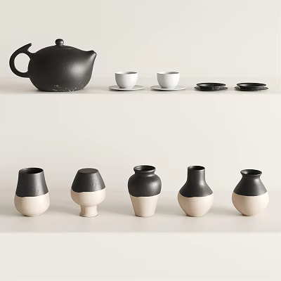 Minimalist Black And White Ceramic Teaset With Teapot Teacups And Saucers 3d model