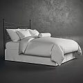 Double Bed with Black Metal Headboard White Striped Bedspread and Pillows in Modern Bedroom Setting
