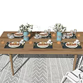 Stylish Wooden Dining Table Set With White Chairs Tableware And Flower Vases On Geometric Rug