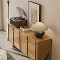 Modern Wooden Console Cabinet with Vinyl Record Player Books Table Lamp and Decorative Painting