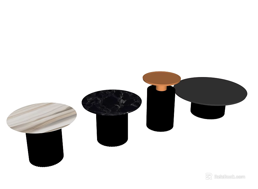 Modern Coffee Tables Featuring Marble Pattern Black And Copper Tabletops With Black Bases 3d model