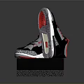 Stylish High Top Sneakers In Black White Red With Patterned Sole On Textured Display Stand