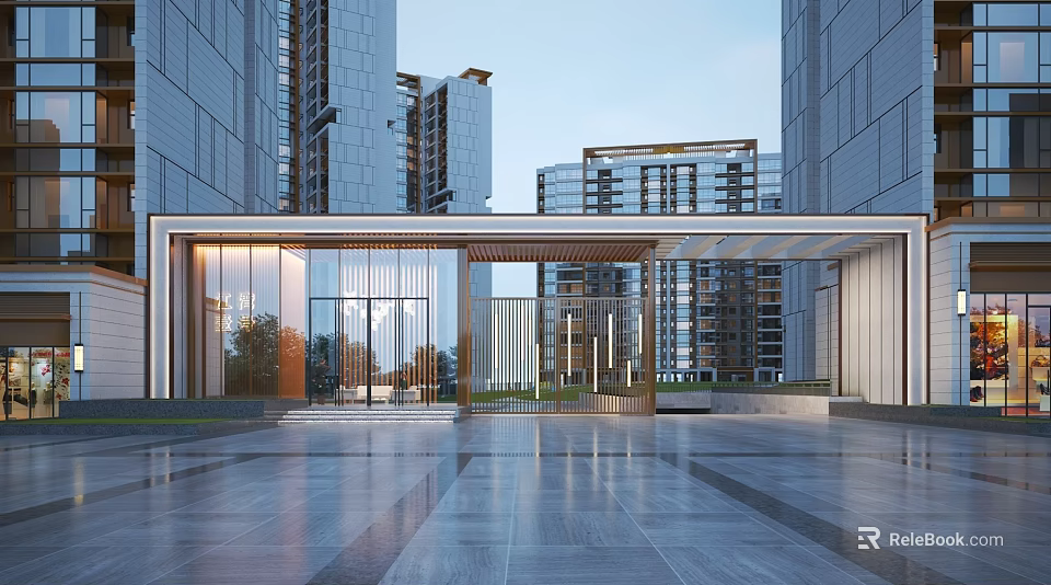 Modern Entrance Gate With Metal Grille Design Canopy Roof And High Rise Buildings 3d model 