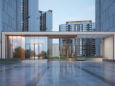 Modern Entrance Gate With Metal Grille Design Canopy Roof And High Rise Buildings 3d model