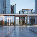 Modern Entrance Gate With Metal Grille Design Canopy Roof And High Rise Buildings