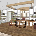 Cozy Café Interior With Wooden Ceiling Bookshelves Green Plants And Glass Railing