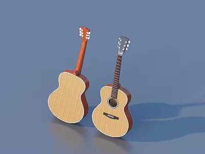 Two Wooden Acoustic Guitars As Household Musical Instruments On Blue Background 3d model