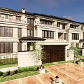 Elegant Traditional Townhouse Exterior With Stone Facade Dark Roof Courtyard Greenery And Outdoor Lighting