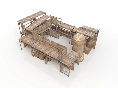 Wooden Industrial Structure With Multiple Platforms Staircases And Cylindrical Tank 3d model