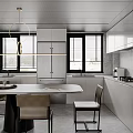 Modern Kitchen Interior With White Cabinets Island Dining Table Chairs Windows Shutters And Pendant Light