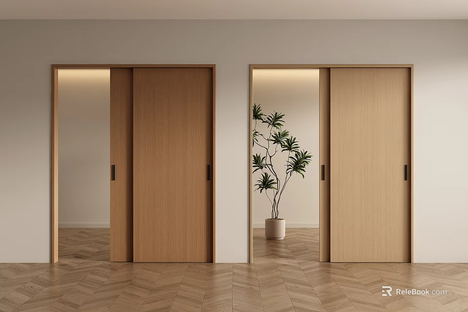 Two Wooden Sliding Doors In Modern Interior With Herringbone Floor And Potted Plant 3d model 