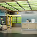 Modern Milk Tea Shop Interior With Green Ceiling Wooden Counter And Cozy Seating Area