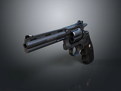 Black Metal Revolver With Classic Design And Ergonomic Grip On Gray Background 3d model Black Metal Revolver With Classic Design And Ergonomic Grip On Gray Background 3d model