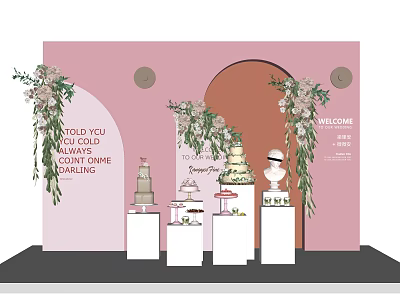 Floral Installation Design With Pink Backdrop Arched Doorway Cake Display And Welcome Sign 3d model