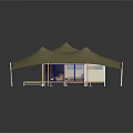 Spacious Beige Canvas Tent With Multiple Peaked Roofs Elevated Wooden Platform and Open Interior Space