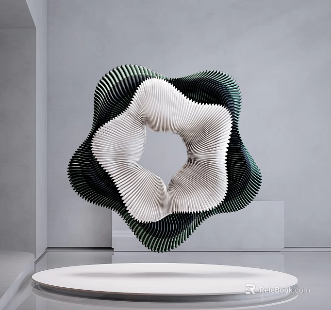 Modern Black White Green Pleated Sculpture with Circular Hole Center Floating on White Platform Gray 3d model 