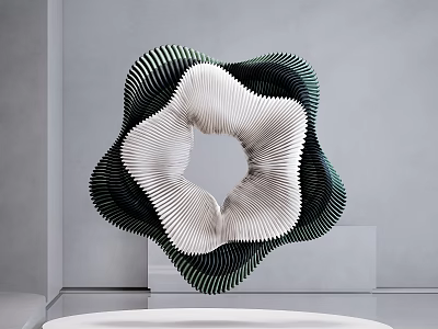 Modern Black White Green Pleated Sculpture with Circular Hole Center Floating on White Platform Gray 3d model