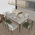 Modern Dining Table Set with Marble Top Green White Chairs and Dried Flowers Tableware