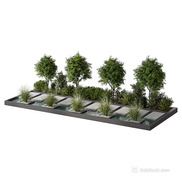 Beautiful Water Fountain Garden Landscape With Green Trees Bushes And Stone Slab Paths 3d model 
